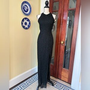 Andretta Donatello | 90s Black Silk Beaded Floor Length Maxi Gown, Size M
